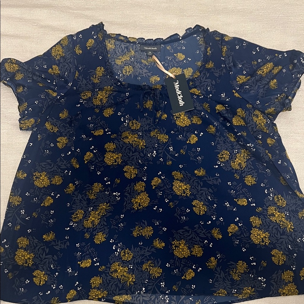 Modcloth Navy Blue Short Sleeve Floral Blouse with Mustard Accents - Picture 2 of 7